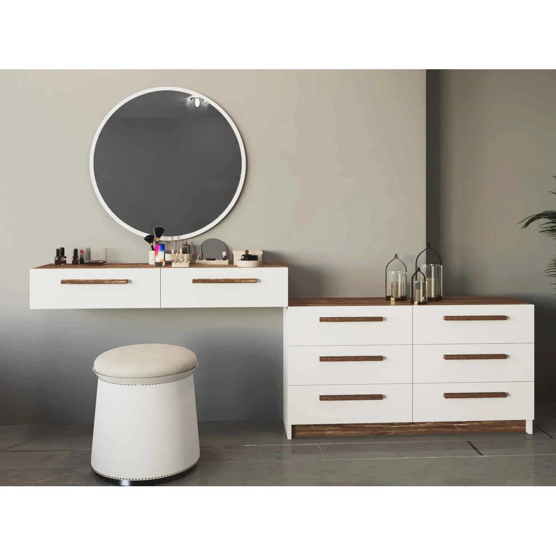 Elegant White and Brown Bedroom Dresser with Circular Mirror