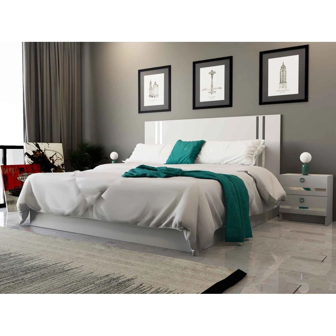 Elegant White Double Bed with Nightstands