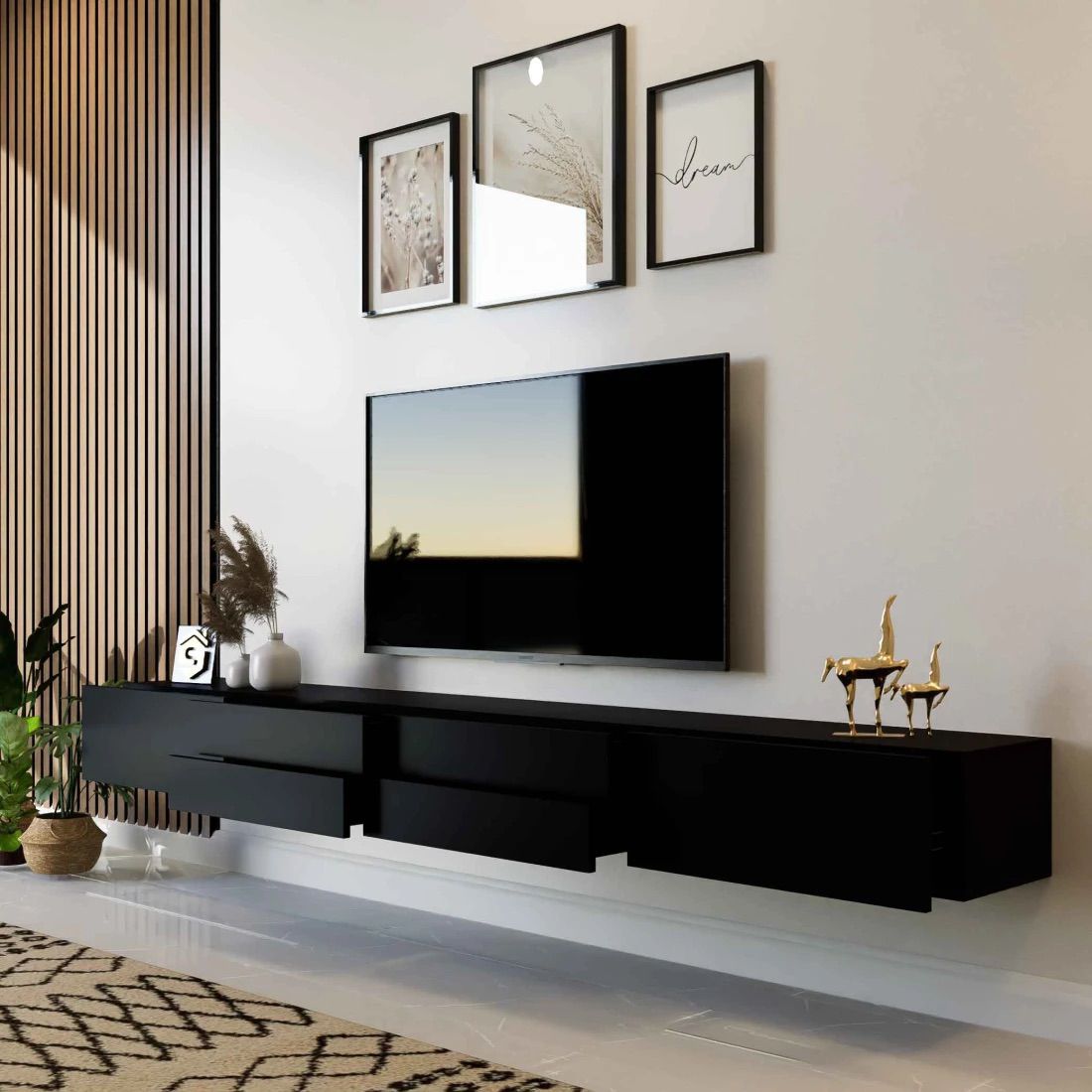 Modern Black Hanging TV Unit with Hydraulic Drawers – Sleek Wall-Mounted TV Stand