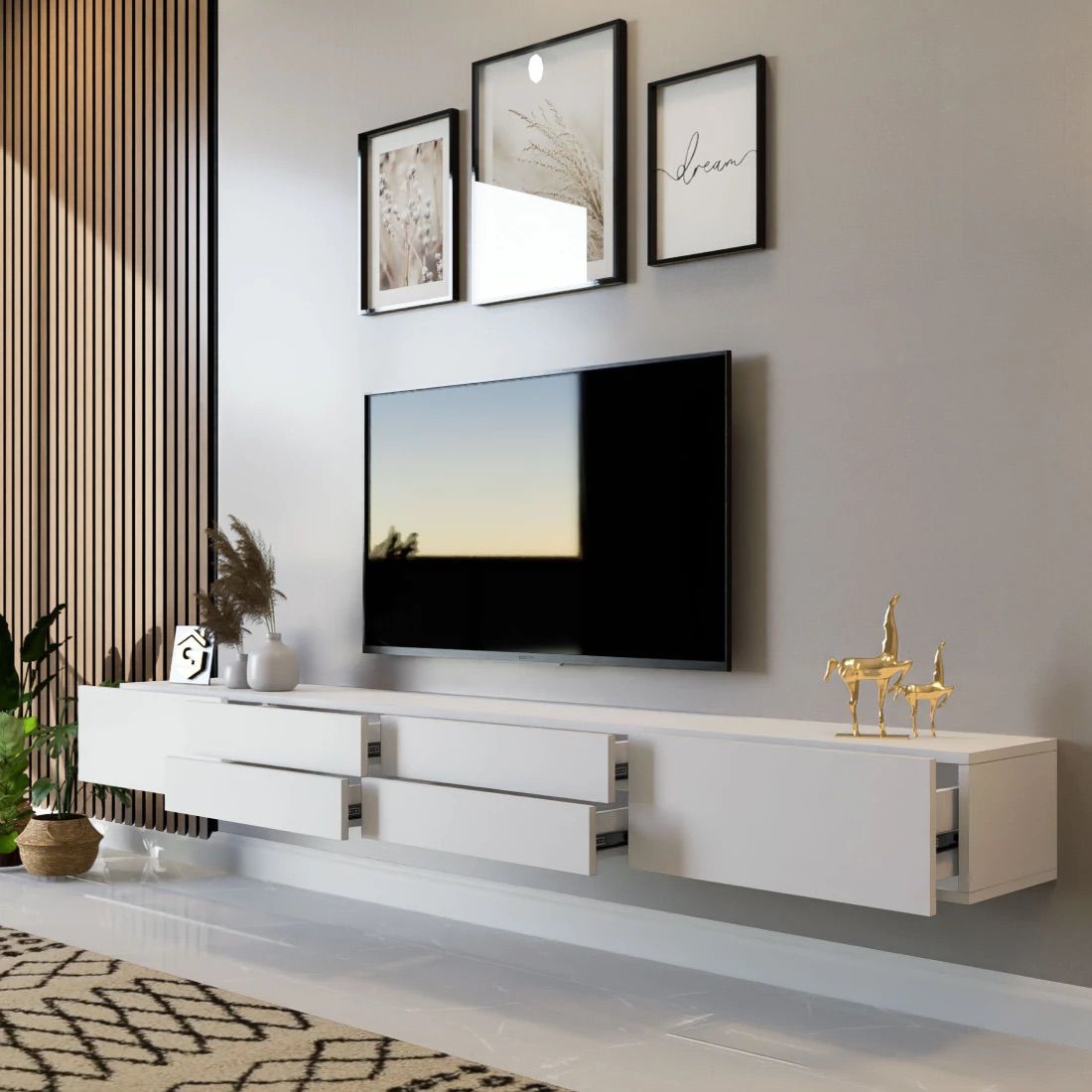 Modern Black Hanging TV Unit with Hydraulic Drawers – Sleek Wall-Mounted TV Stand