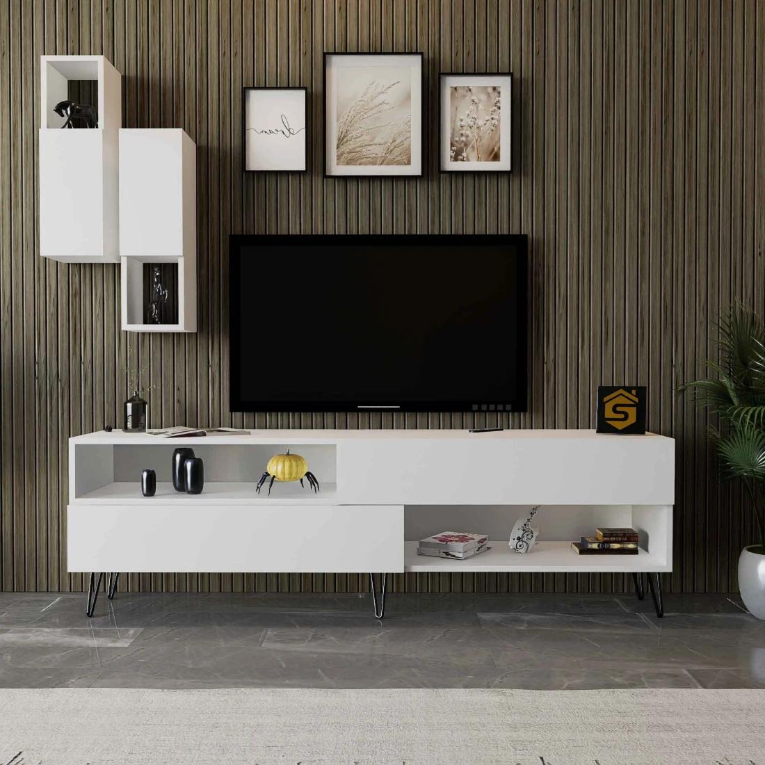 Brown Wooden TV Table with Wall Shelves