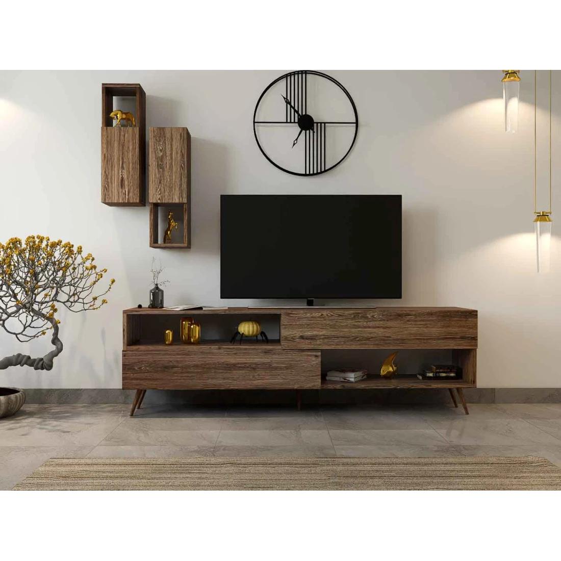 Brown Wooden TV Table with Wall Shelves