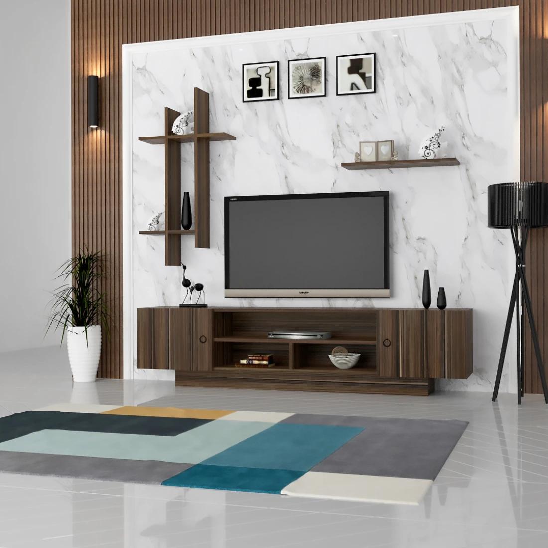 Classic Dark Brown TV Unit with Wall Shelves