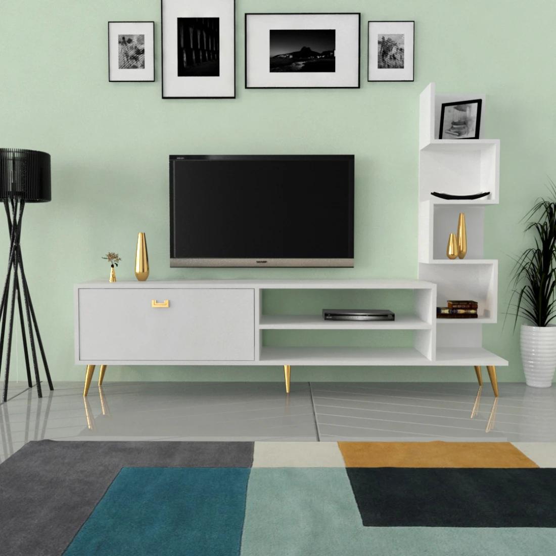 Modern White TV Unit with Golden Legs – Sleek Design and Spacious Storage