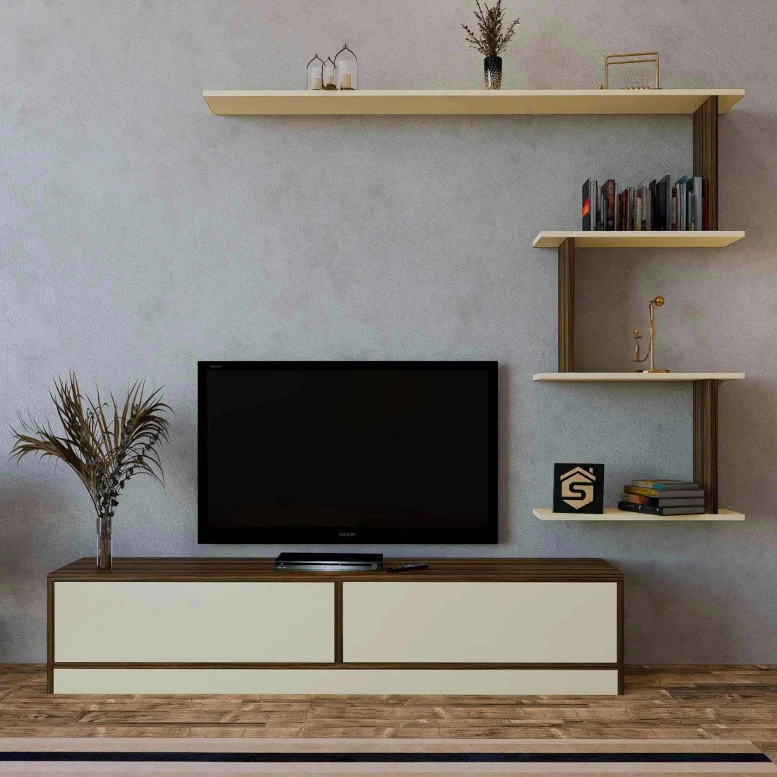 Beige and Brown TV Table with Wall Shelves