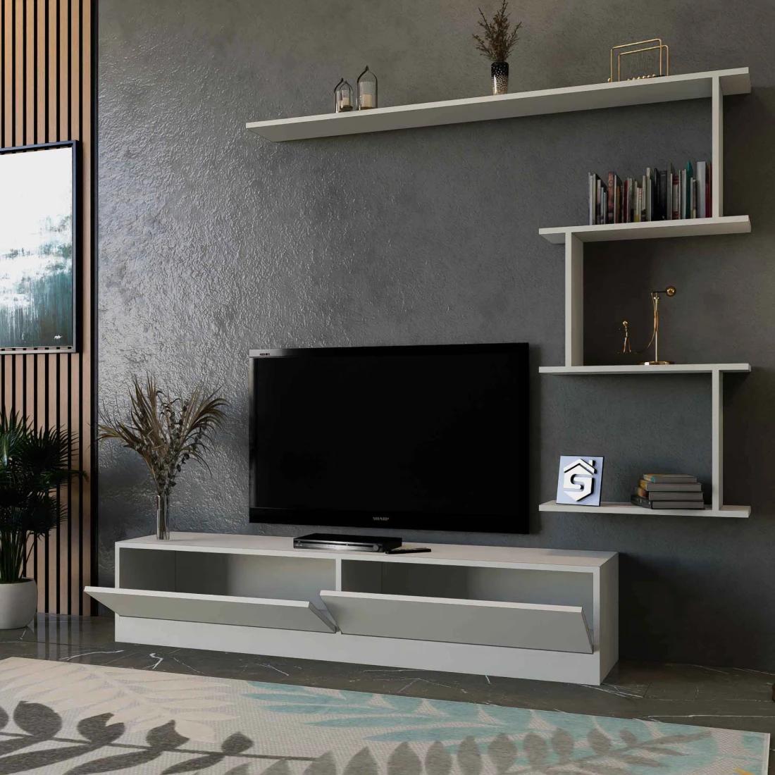 Beige and Brown TV Table with Wall Shelves