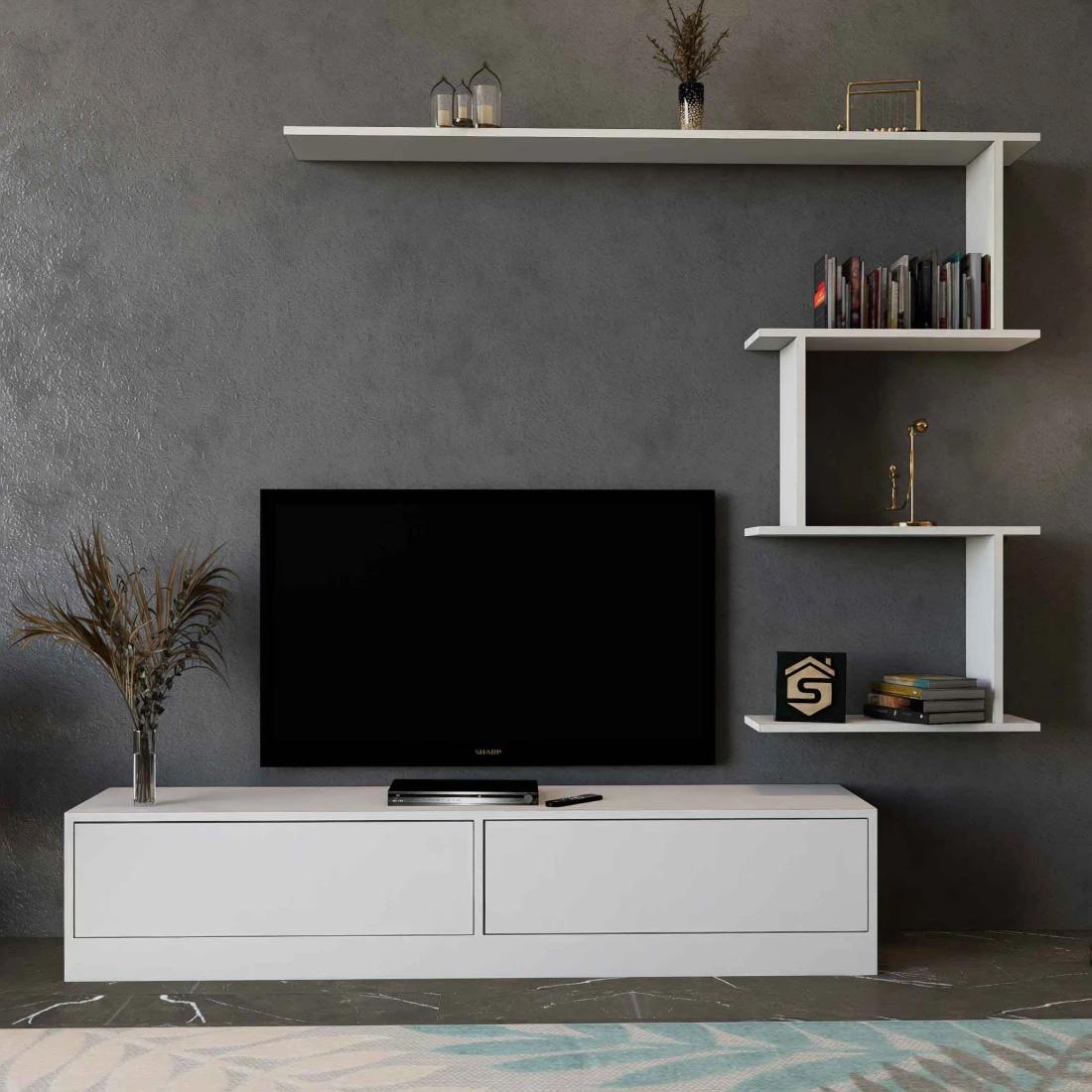 Beige and Brown TV Table with Wall Shelves