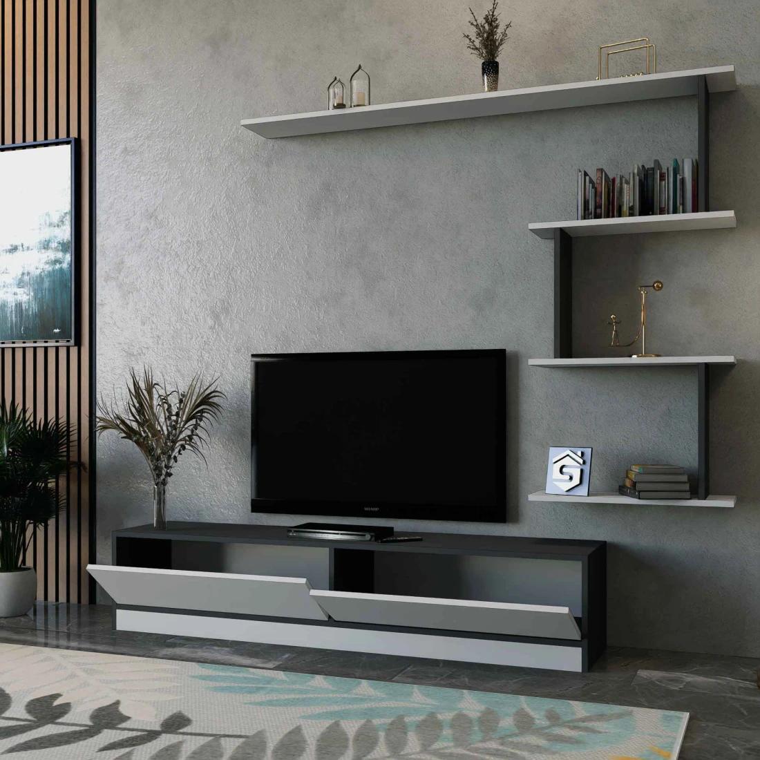 Beige and Brown TV Table with Wall Shelves