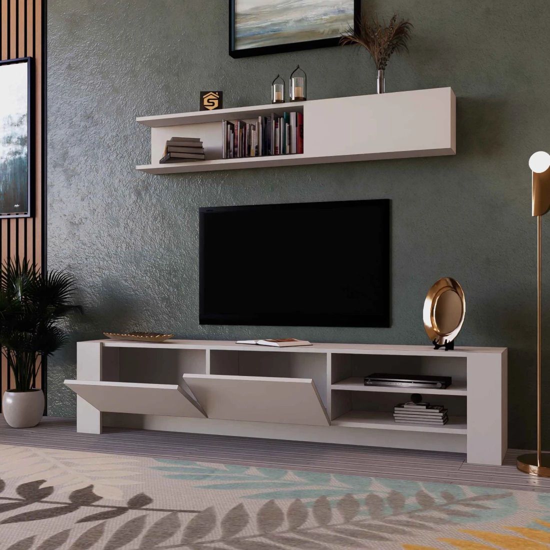 Elegant White TV Cabinet with Ample Storage