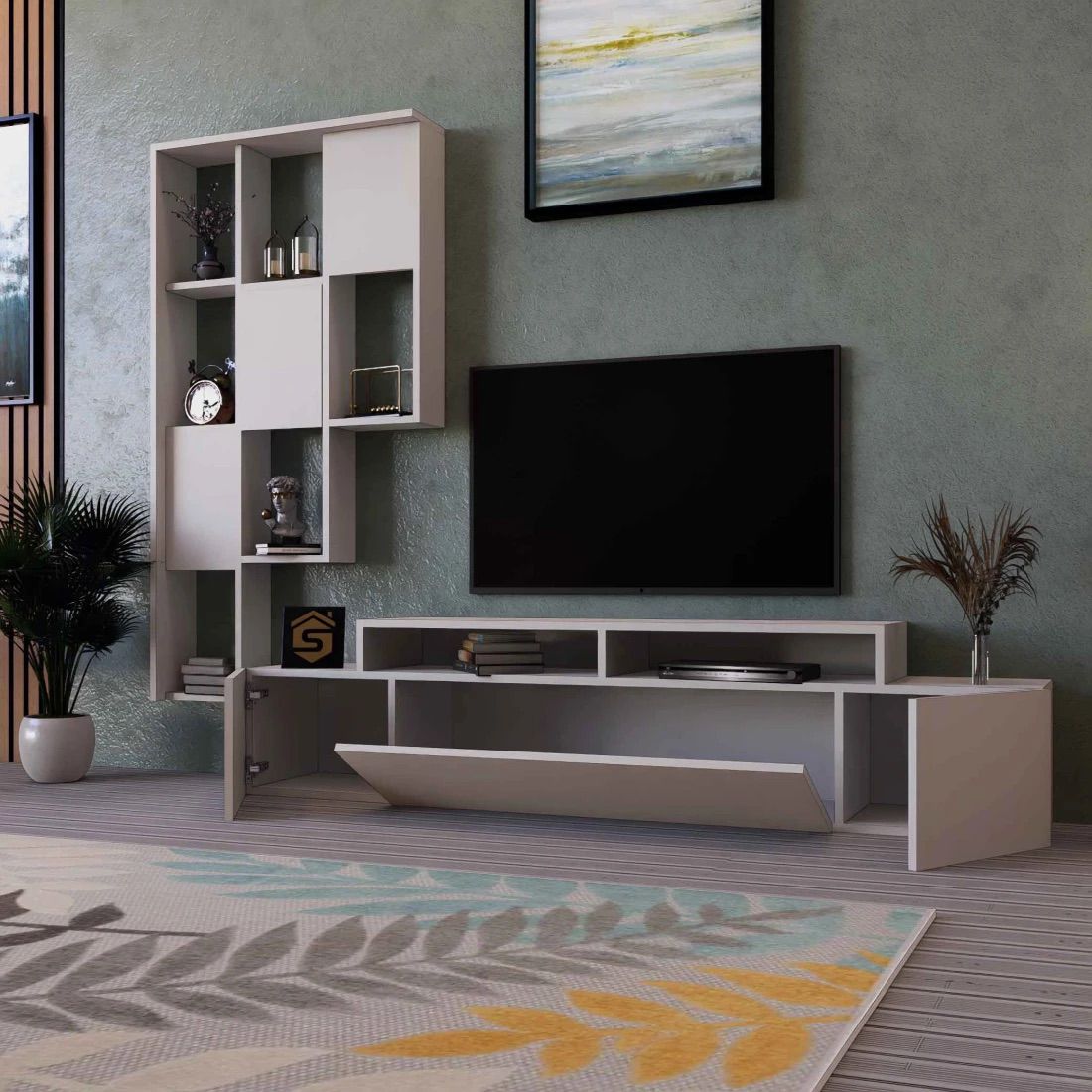 Elegant White Plasma TV Table with Shelves