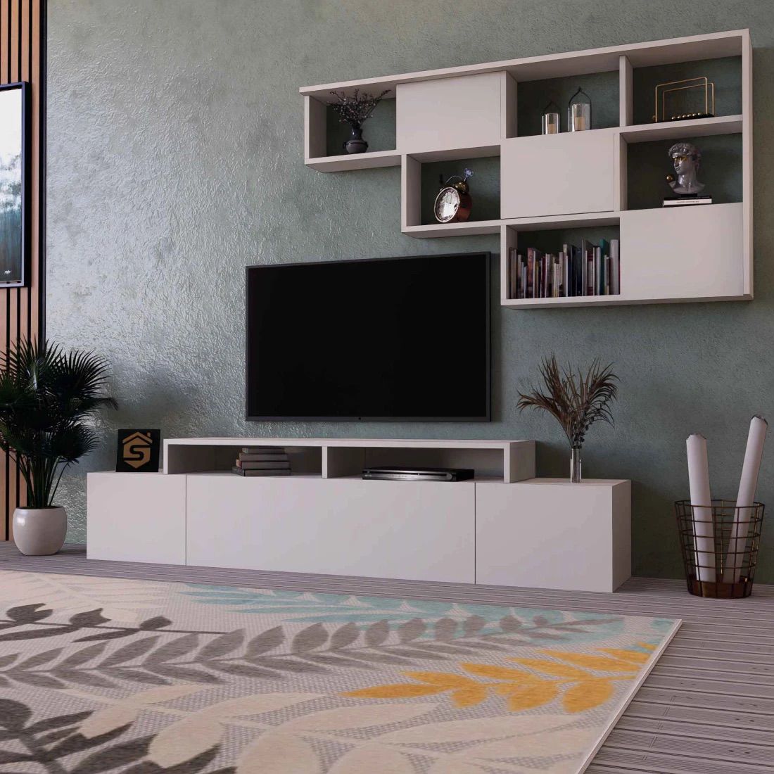 Elegant White Plasma TV Table with Shelves