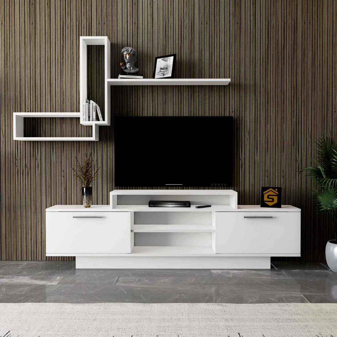 White TV Table with Removable Screen and Shelves