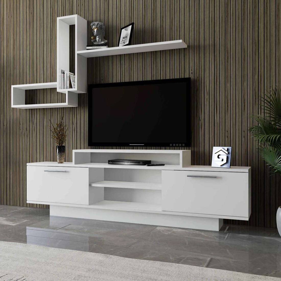 White TV Table with Removable Screen and Shelves