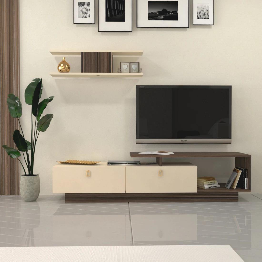 Gray TV Table with Wall Shelf