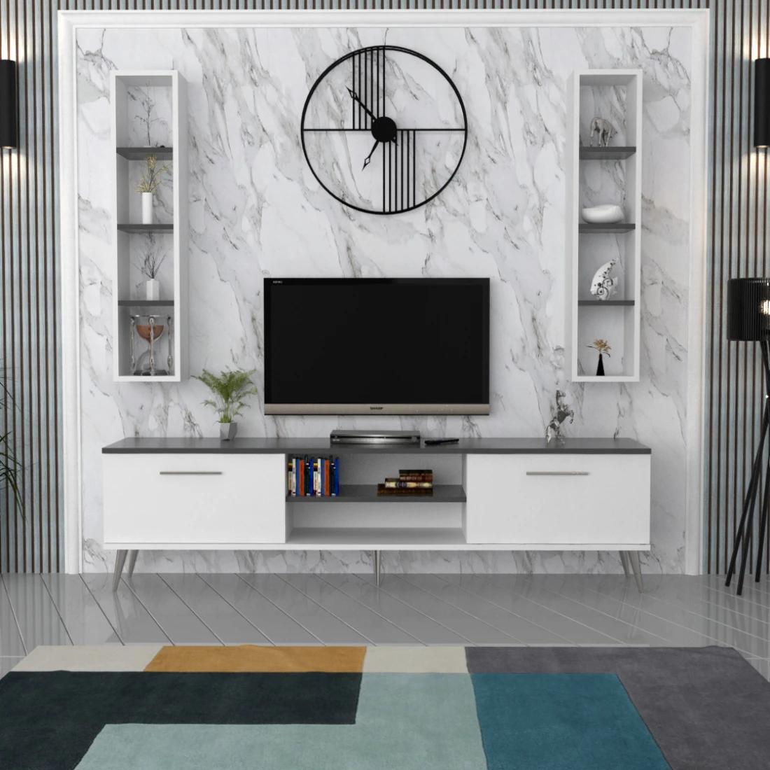 Wall-Mounted TV Table with Shelves in White and Gray