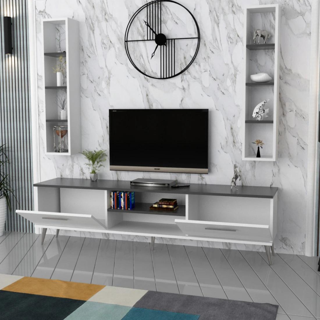 Wall-Mounted TV Table with Shelves in White and Gray