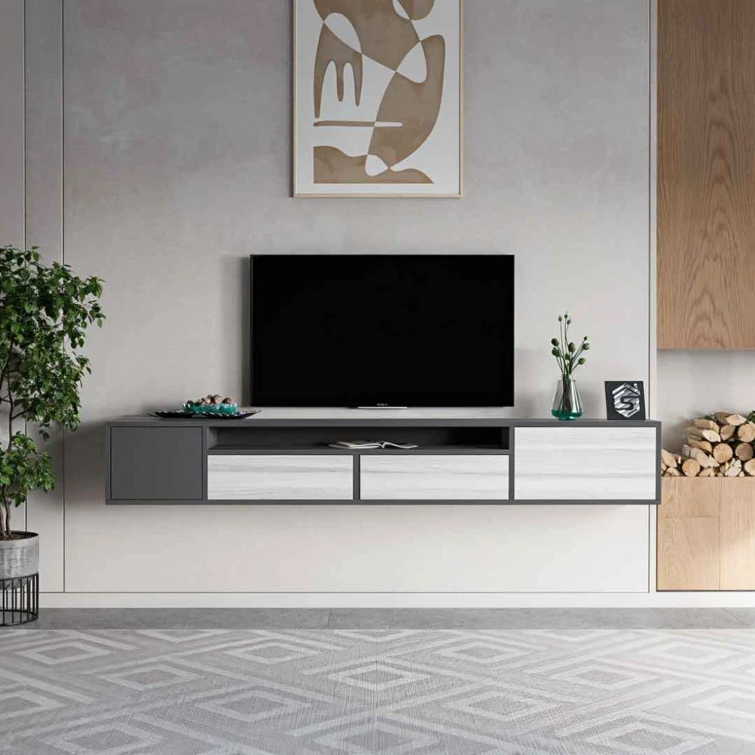 Modern Hanging TV Table in Gray and White