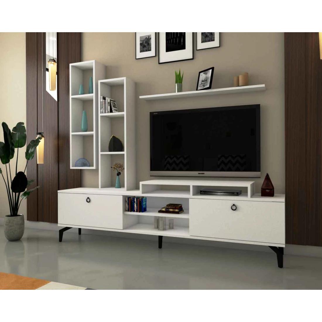 Modern White TV Cabinet with Wall Shelves