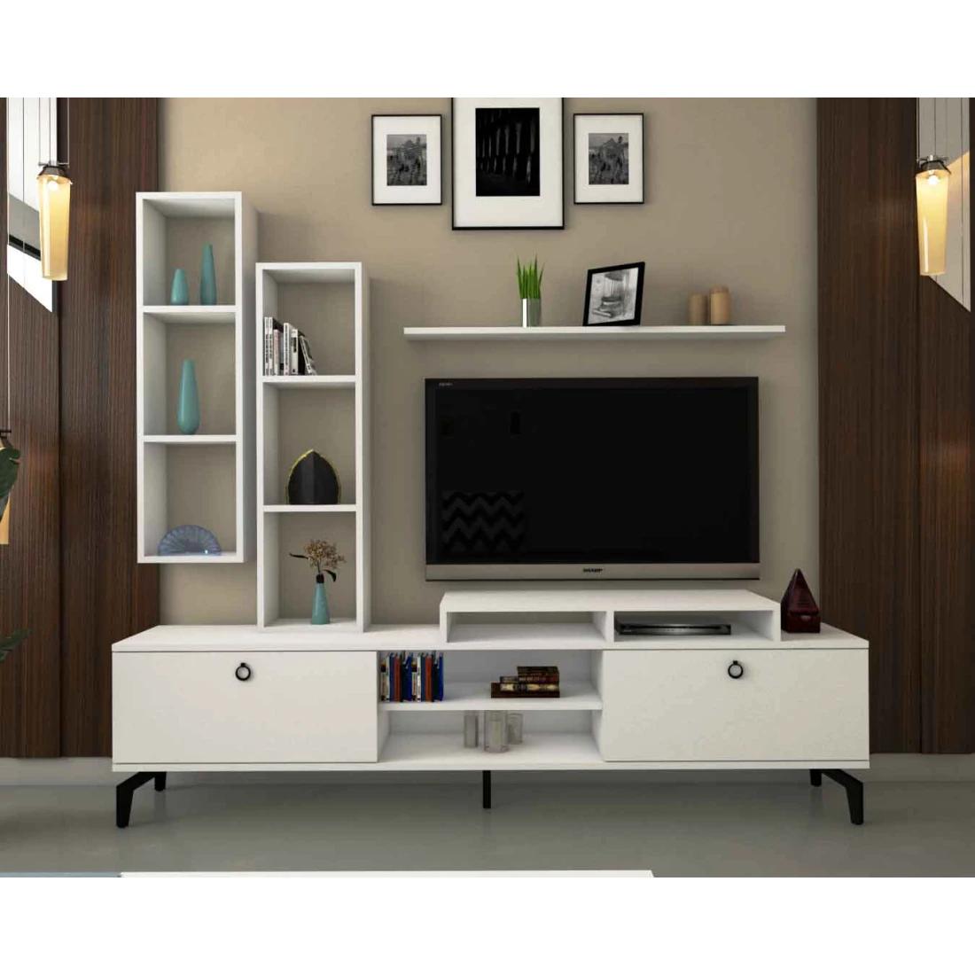 Modern White TV Cabinet with Wall Shelves