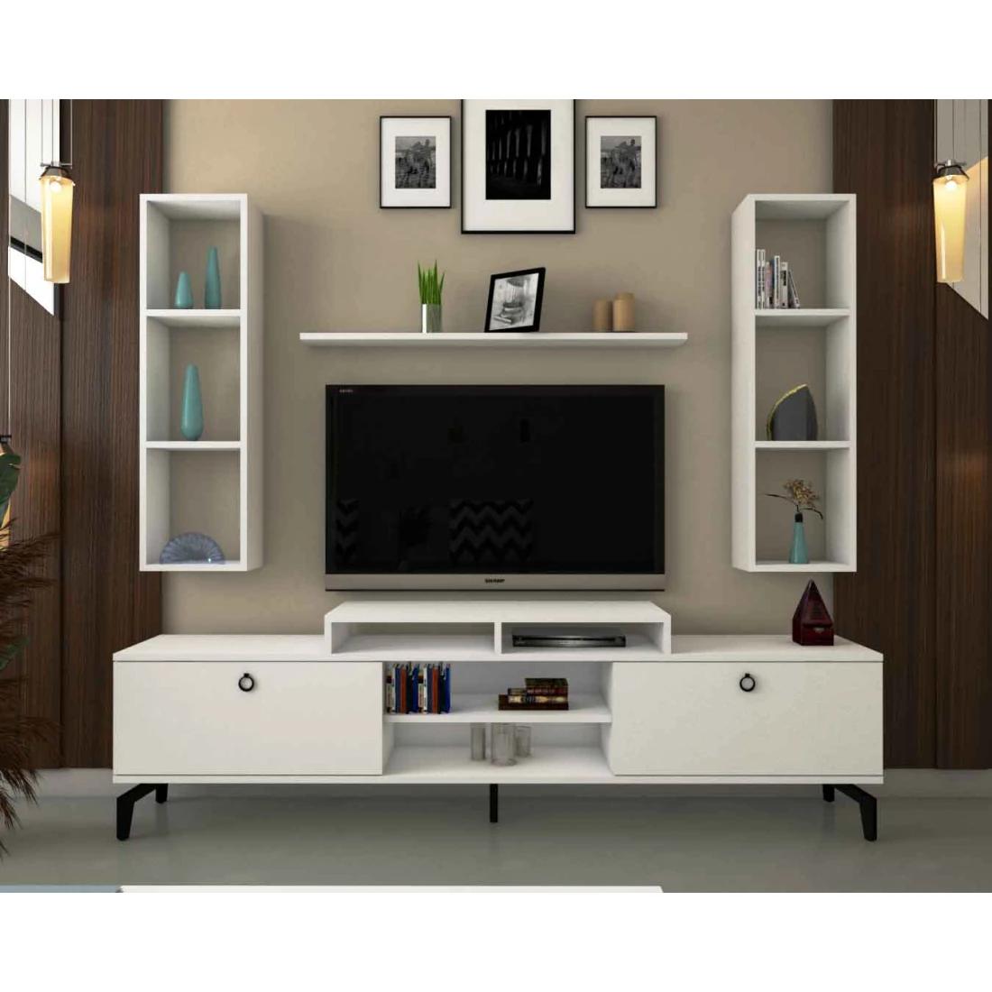 Modern White TV Cabinet with Wall Shelves