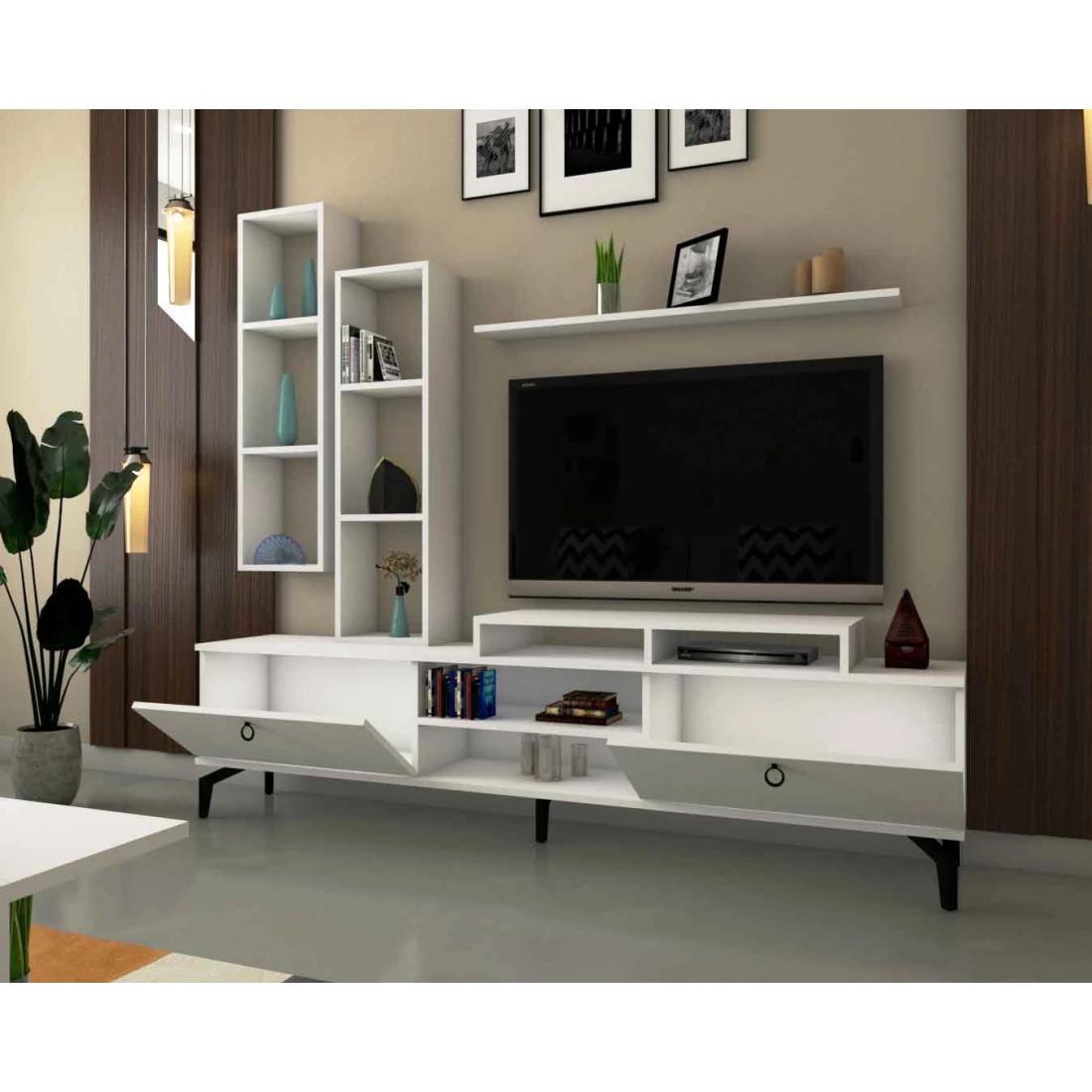 Modern White TV Cabinet with Wall Shelves