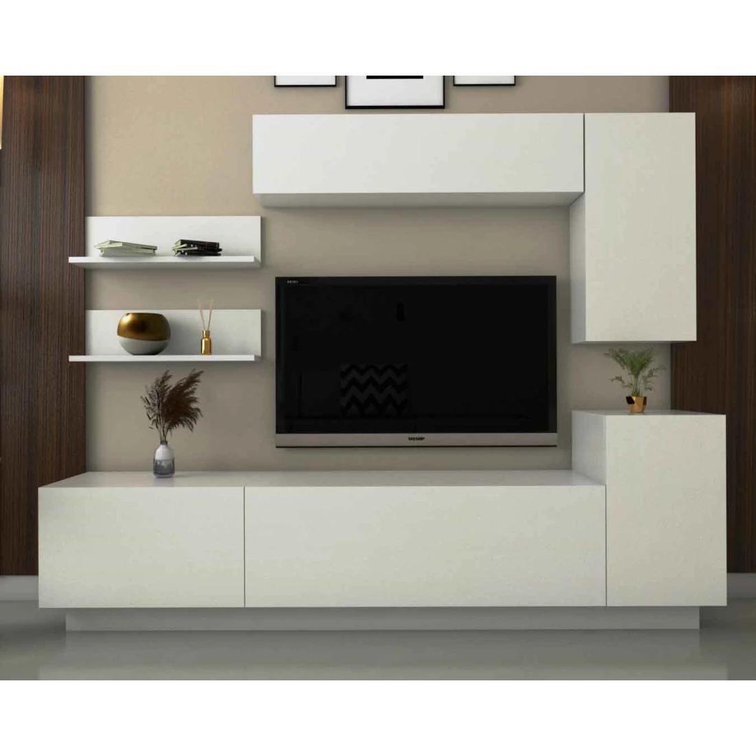 Elegant White TV Cabinet with Wall Shelves