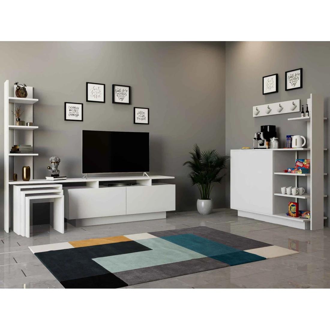 White Table Set with TV Stand and Coffee Corner – Elegant Guest Room Solution