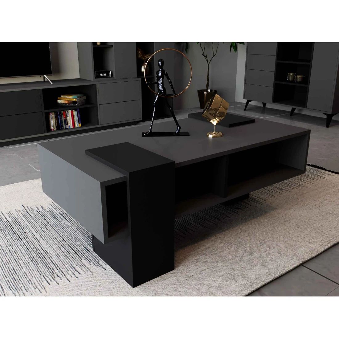 Luxurious Black TV Table Set with Center Table and Entrance Console