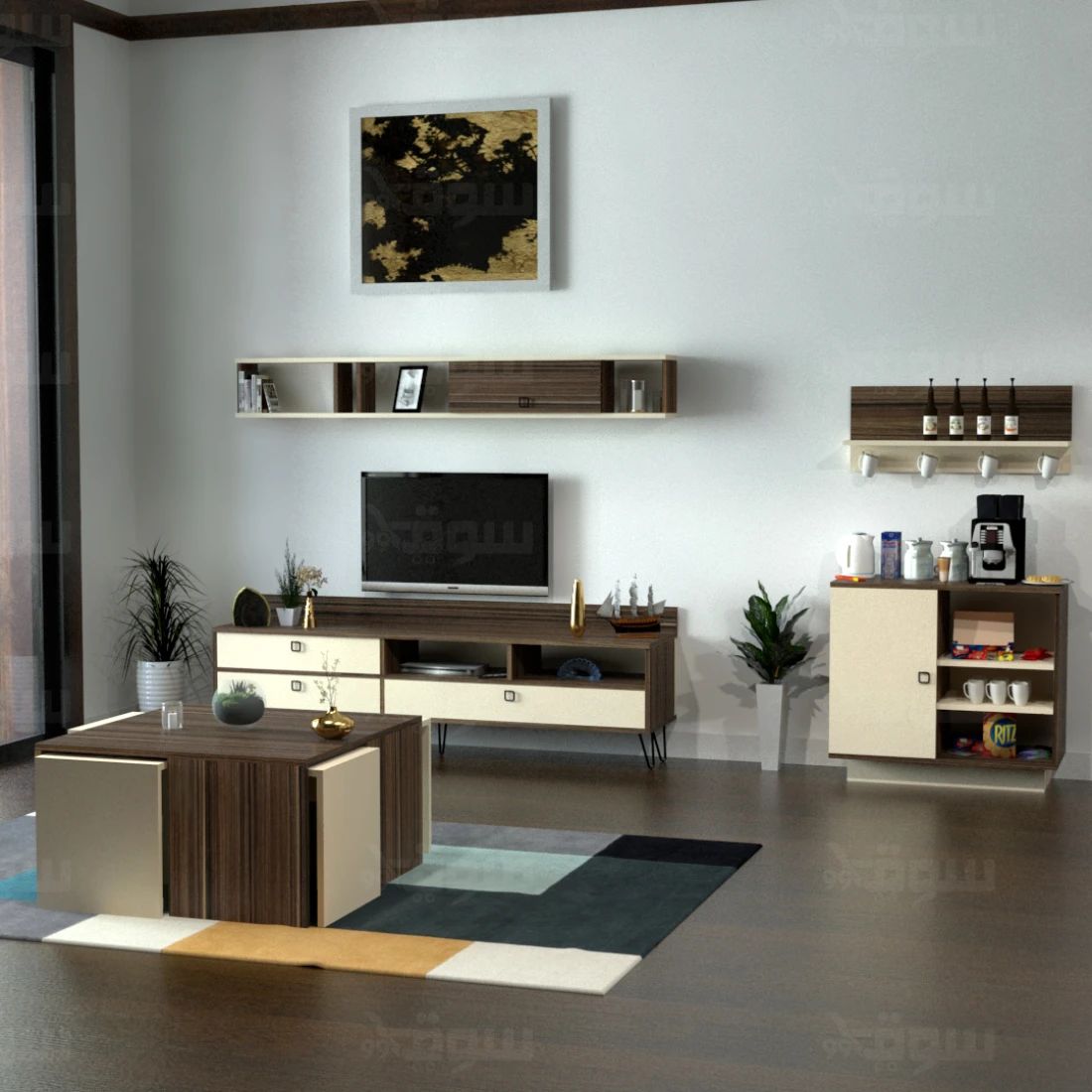 Beige and Brown TV Table Set – Luxury and Functionality