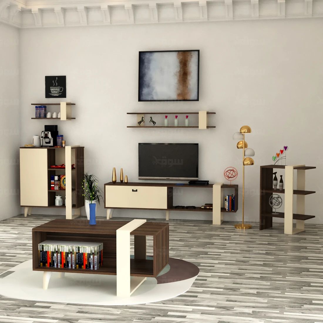 Brown Coffee Table & TV Set with Modern Beige Accents – Elevate Your Living Room