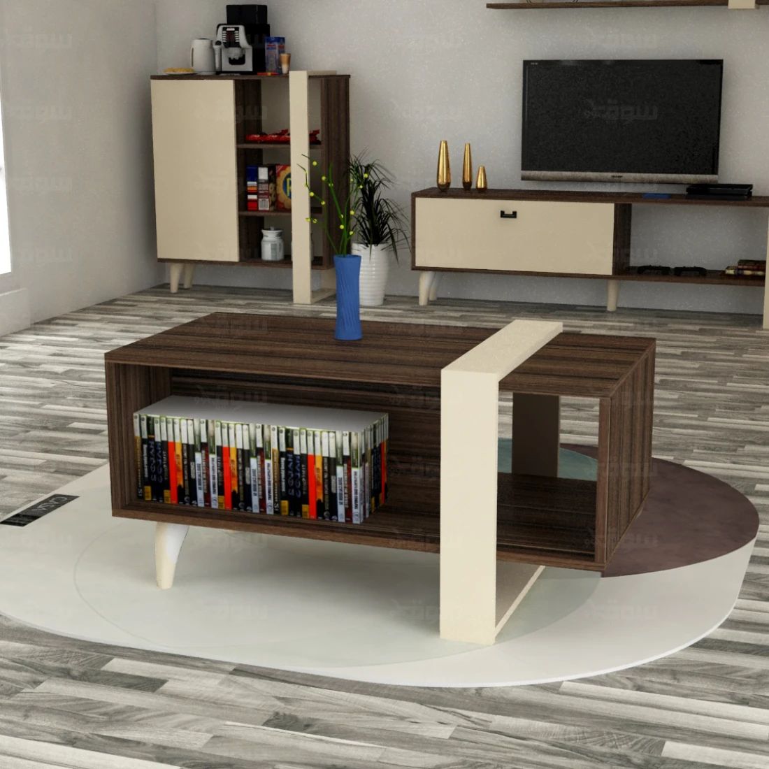 Brown Coffee Table & TV Set with Modern Beige Accents – Elevate Your Living Room