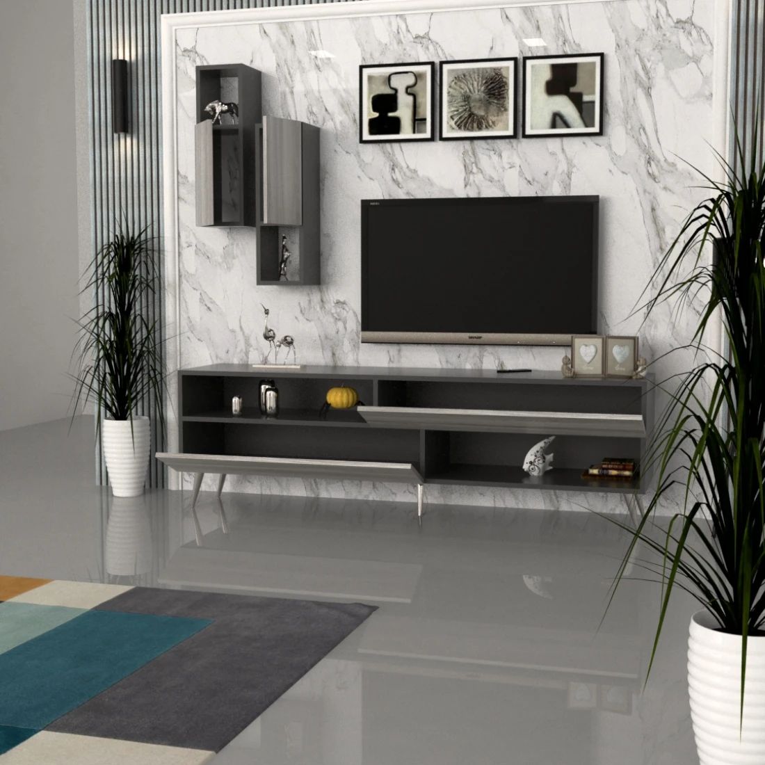 Elegant TV Table Set with Coffee Tables – White & Gray Sophistication