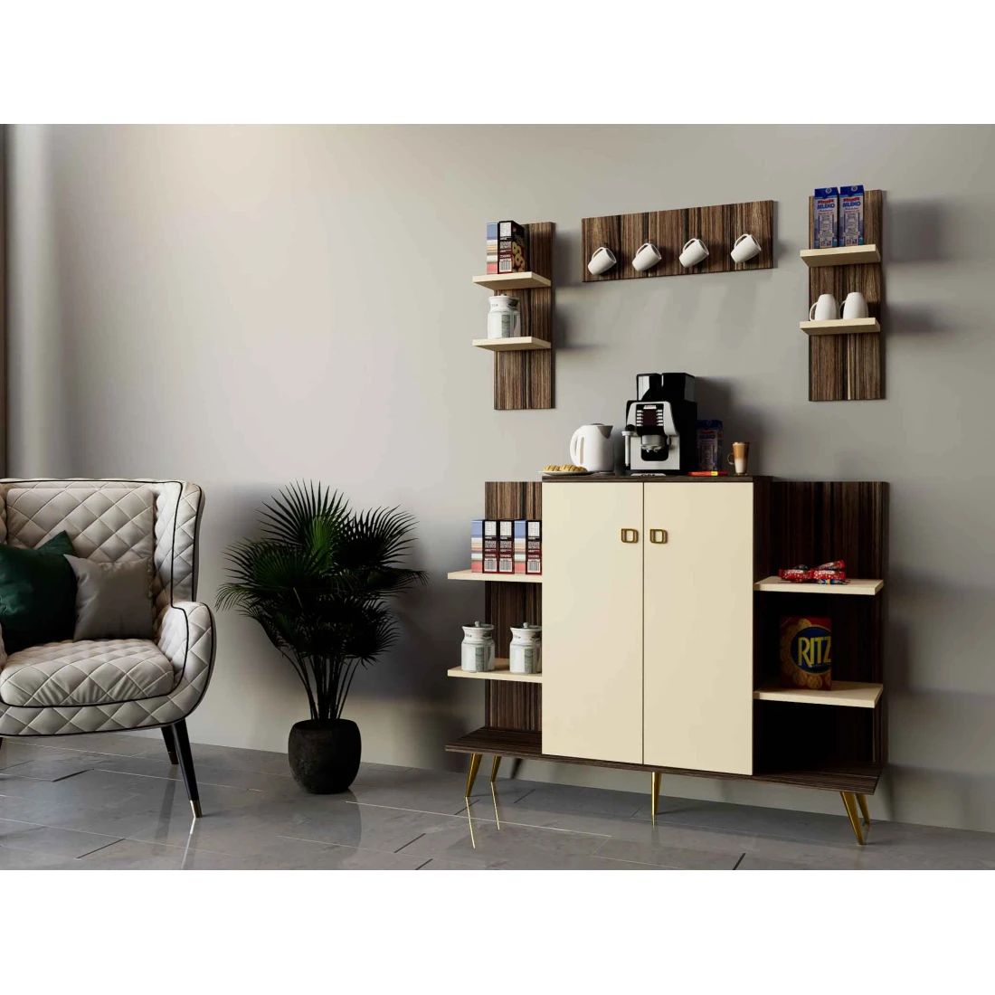 White & Gray Coffee Corner Cabinet – Elegant & Functional Design