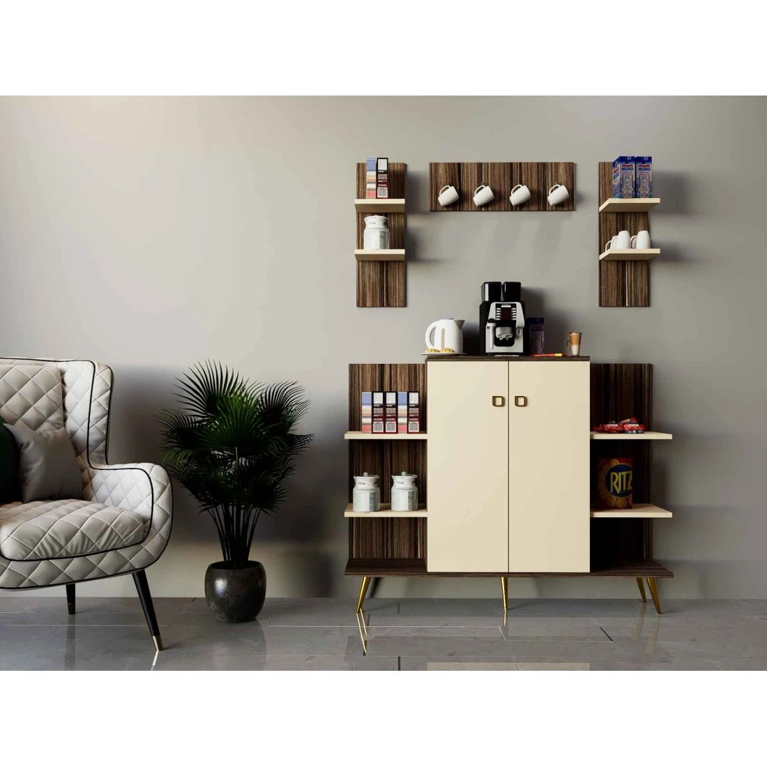 White & Gray Coffee Corner Cabinet – Elegant & Functional Design