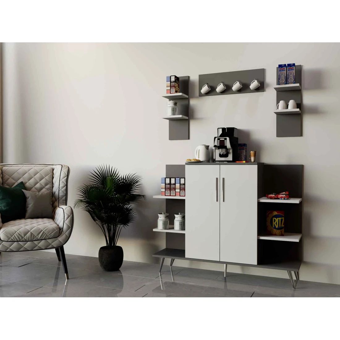 White & Gray Coffee Corner Cabinet – Elegant & Functional Design