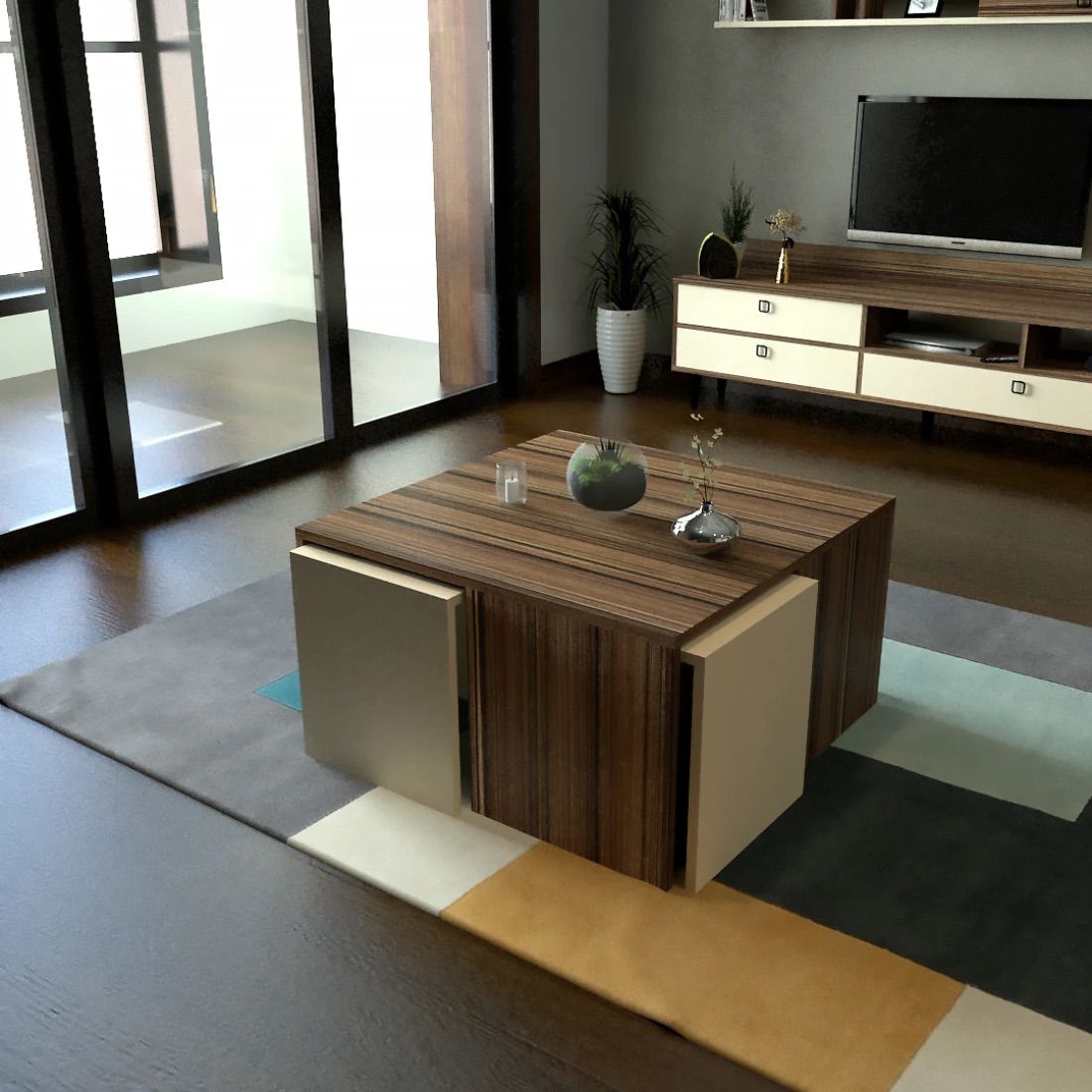 Modern Square Coffee Table with Nested Service Tables - Elegant and Space-Saving Design