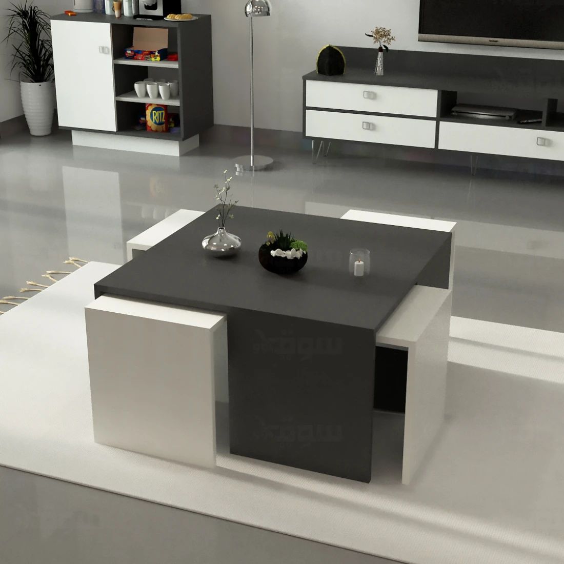 Modern Square Coffee Table with Nested Service Tables - Elegant and Space-Saving Design