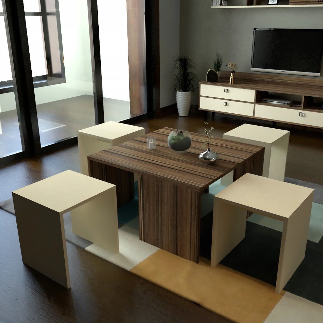 Modern Square Coffee Table with Nested Service Tables - Elegant and Space-Saving Design