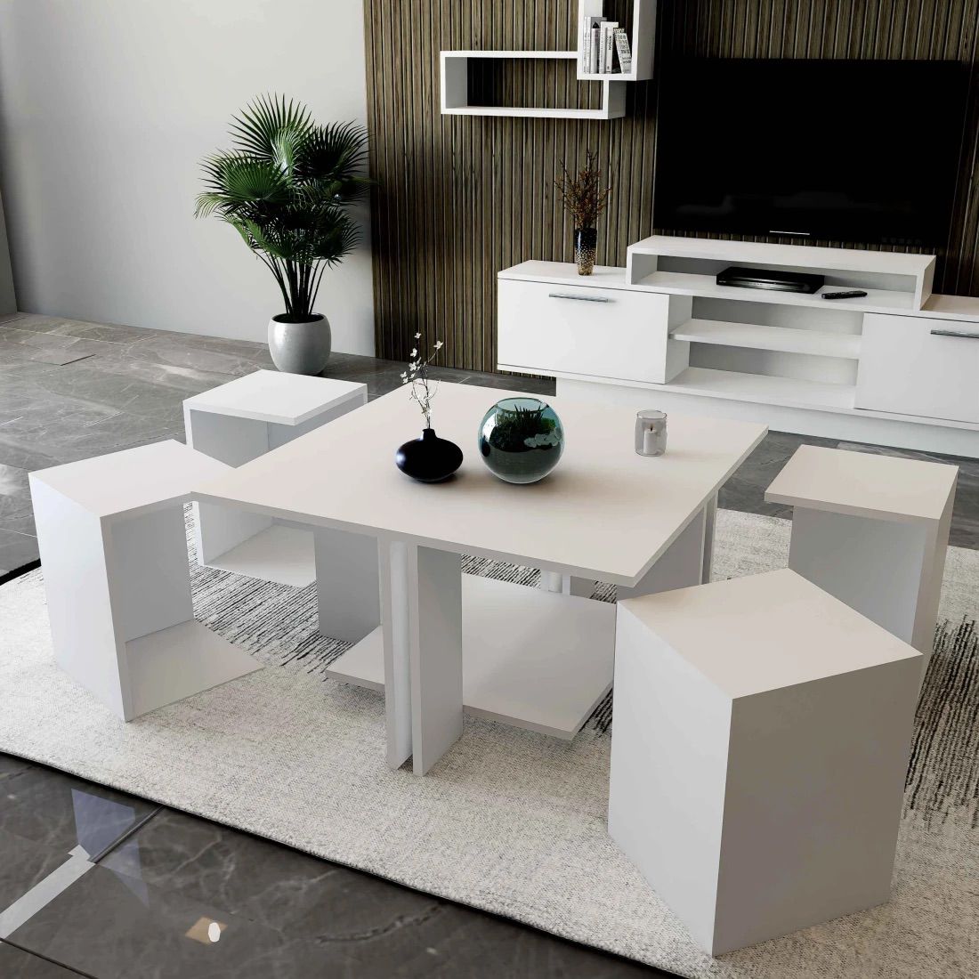 White Square Center Table with 4 Interlocking Serving Tables - Modern Design